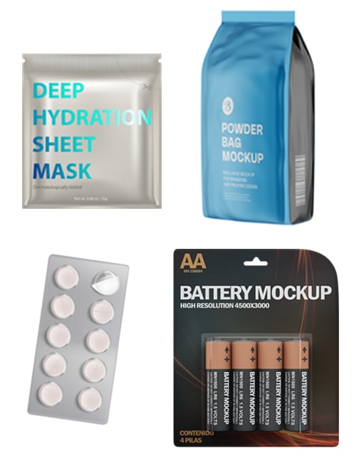 Various heat-seal  packaged products. Clockwise from top left: personal care flat pouch, gusseted  pouch, clam-shell consumer packaged batteries, over-the-counter pharmaceutical  blister pack.