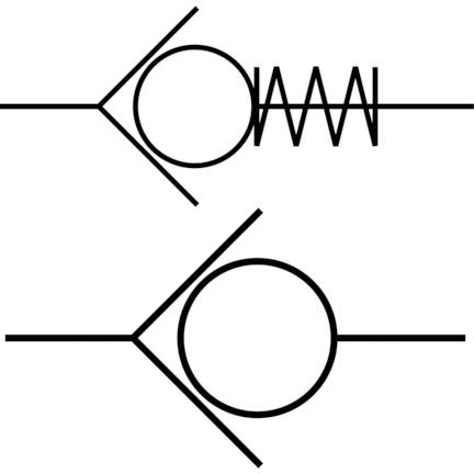 Basic check valve symbols for fluidic and pneumatic schematic drawings. Top: spring assist or spring loaded symbol. Bottom: no-spring check valve symbol.