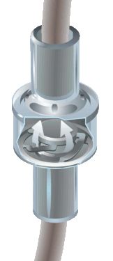 An animation showing how an ISM C V R T series fixed flexing diaphragm check valve works. It alternates between closed, unflexed and open, flexed.