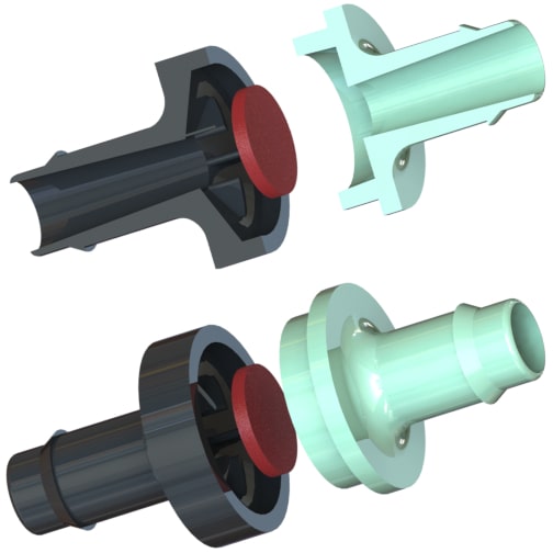 Cross sectioned and exploded views of a typical low-pressure plastic diaphragm check valve.