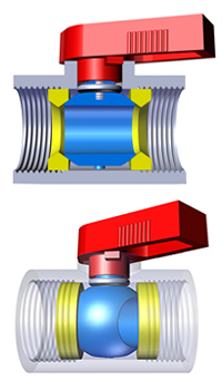 Color images of a ball valve cutaway and semitransparent body