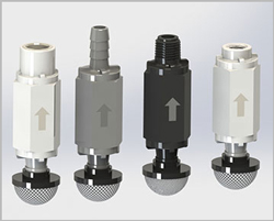 The lineup of the CVSF series valved suction strainers from left to right - push-in white nylon, hose barbed gray PVC, male NPT thread black Kynar and female NPT thread white polypropylene.