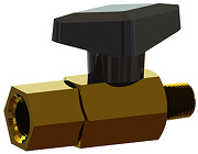 A rendered drawing of a brass ball valve.  