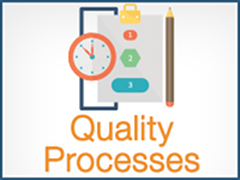 Infographic representing quality processes featuring a clipboard, clock, and pen.