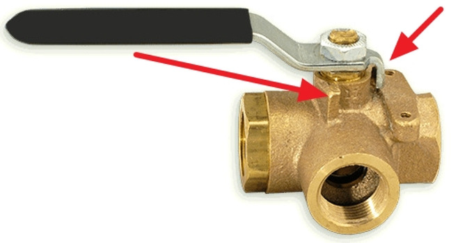 Horizontal type 2 position 3 way brass ball valve with arrows to handle.