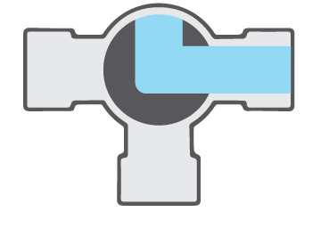 A simplified drawing of a typical horizontal type L-port ball valve in an off position to the right.