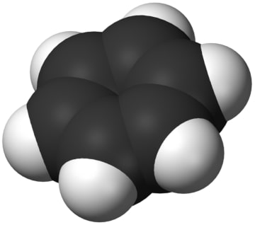 A rendered two-color 3D model of the benzene ring molecule.