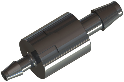 Black Kynar® (PVDF) plastic spring-loaded check valve. This is an ISM CVSC series 1/8” hose barbed lightweight check valve.