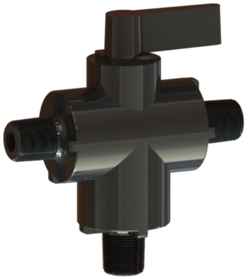 A black Kynar® (PVDF) plastic PBV3 series three-way ball valve.