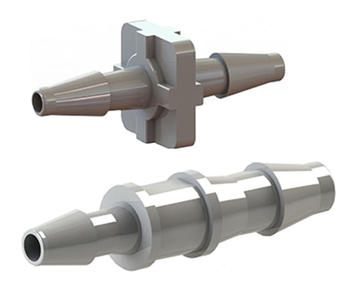 Natural Kynar® (PVDF) plastic tubing connectors. These are ISM VC series barb-by-barb straight flexible plastic tubing connectors.