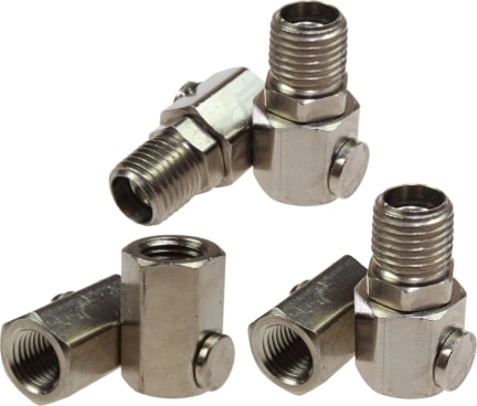 O S F series N P T thread nickel-plated brass orbital swivel connectors. Counter-clockwise from the top: male by male, male by female and female by female.