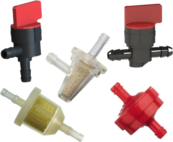 Selected ANSI/OPEI B71.10-2018 compliant ITW plastic fuel filters and fuel shut-off valves. Center: 8423-01-9909 elbow filter. Clockwise from top left: 7413-02-9909 valve, 7423-02-9909 valve, 8408-01-9909 filter and 8479-00-9909 filter.
