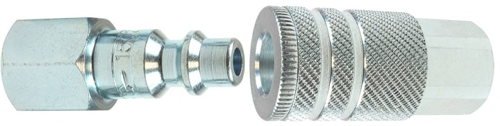 Zinc-plated steel quarter inch body size Industrial Interchange coupling. The connector or plug is on the left and the manual coupler or socket is on the right.