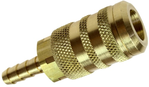 Industrial Interchange brass pneumatic female coupler socket. Industrial Interchange brass pneumatic female coupler socket. This part is a quarter body size brass coupler with a quarter inch hose barb connection.