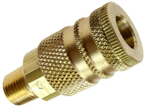 Industrial Interchange brass pneumatic female coupler socket. This part is a quarter inch male N P T threaded quarter inch body size brass coupler.