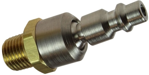 Industrial Interchange pneumatic male ball swivel connector plug. This part is a quarter inch male N P T threaded quarter inch body size brass and nickel-plated steel, ball swivel connector.
