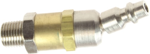 Alt text: Industrial Interchange pneumatic male filtered ball swivel connector plug. This part is a quarter inch male N P T threaded quarter inch body size brass and case-hardened nickel-plated steel, filtered ball swivel connector.