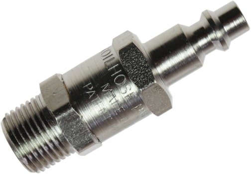 Industrial Interchange pneumatic male filtered connector plug. This part is a three-eighths inch male N P T threaded quarter inch body size case-hardened nickel-plated steel filtered connector.