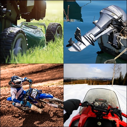 Examples of outdoor power equipment and powersports applications. Clockwise from top left: riding lawnmowers, small outboard engines, snowmobiles and motocross bikes.