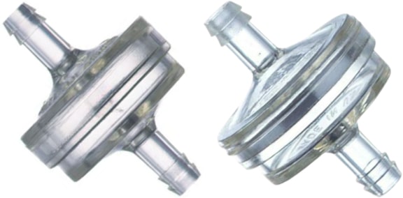 ITW Fastex 8443 (left) and 8416 (right)  Visu-Filters. Both these fuel filters use stainless steel mesh screens. Click  on this image to find out more about these plastic inline filters.