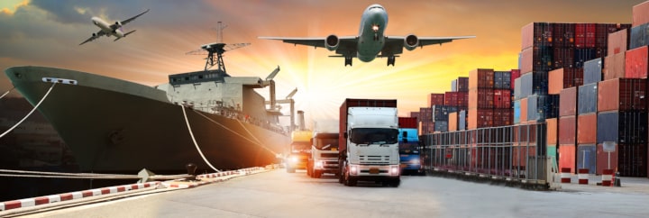 A stock image representing  the disruptions currently occurring in international air and surface product  transportation.