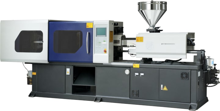A photograph of a typical  plastic injection molding machine.