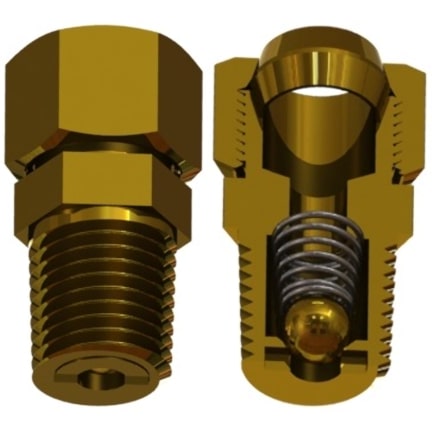 A brass spring-loaded ball check valve with a cutaway view