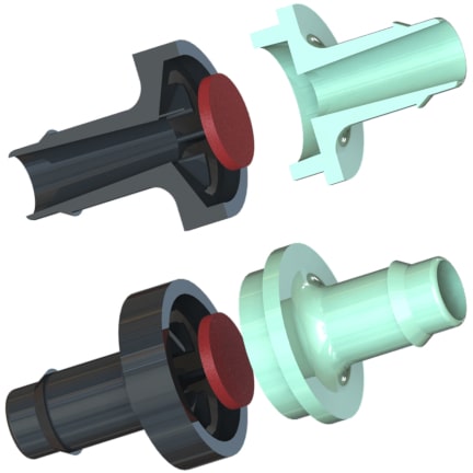 Exploded and cross-sectional views of a typical plastic diaphragm check valve.