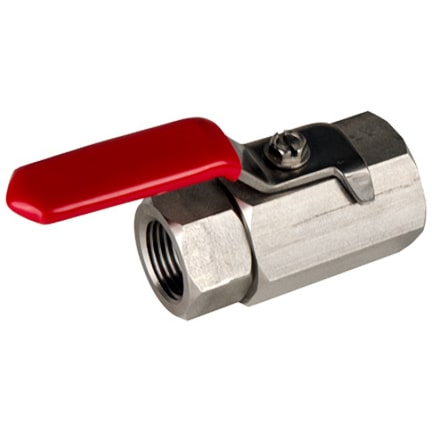 Two-way stainless steel ball valve with female N P T pipe thread connections.