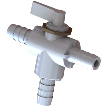 Three-way vertical type plastic ball valve with hose barb connections.