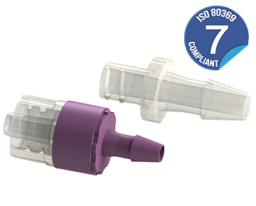 A rendered image of the CV7 Series - ISO 80369-7 – Check Valves & CFL7 Series - ISO 80369-7 – Female luer x barb check valve. 