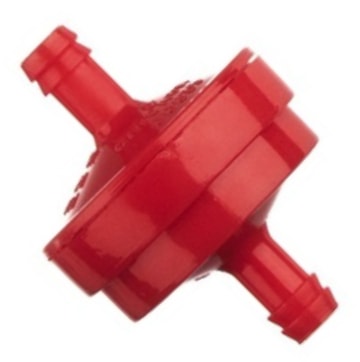 Color photo of an ITW 8408-01-9909 Visu-Filter. Hose barbed red nylon 6,6 body and 150 micron stainless steel mesh.