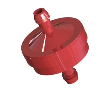 150 micron ¼ inch Hose Barb In-Line Fuel Filter with Stainless Steel Screen & Red Nylon Housing.