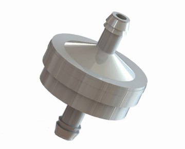 60 micron ¼ inch Hose Barb In-Line Fuel Filter with Stainless Steel Screen and Natural Nylon Housing.