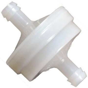 Color photo of an ITW 8411-00-9909 Visu-Filter. Hose barbed natural nylon 6,6 body and 60 micron stainless steel mesh screen.