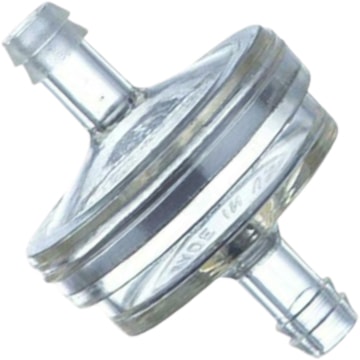 Color photo of an ITW 8416-01-9909 Visu-Filter. Hose barbed clear PCTg PET body and 60 micron stainless steel mesh screen.