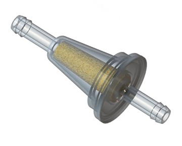 40 - 70 micron ¼ inch Hose Barb In-Line Fuel Filter with Porous Sintered Bronze Clear PET Housing.