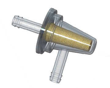 ¼ inch Hose Barb Elbow Fuel Filter with 65-100 Micron Porous Sintered Bronze Element with Clear PET Housing.