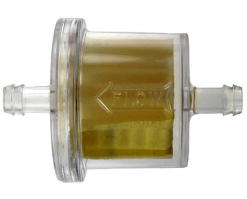 30 micron ¼ inch Hose Barb In-Line Fuel Filter with Polymer treated paper element clear PET Housing.