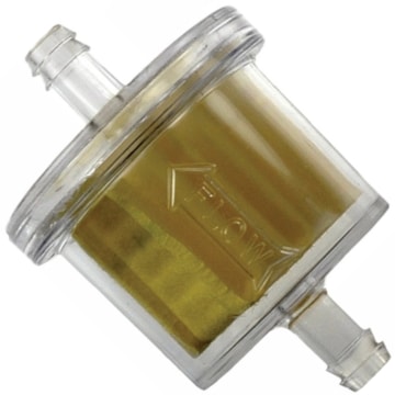 Color photo of an ITW 8437-03-9909 Visu-Filter. Hose barbed clear PCTg PET body and 30 micron polymer treated cellulose element.