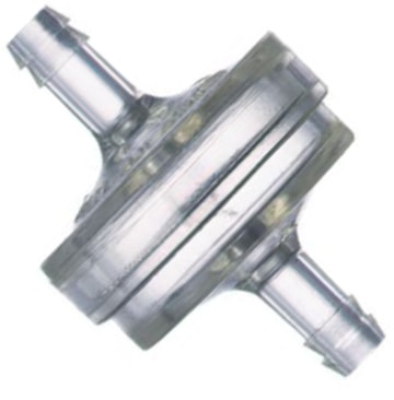 Color photo of an ITW 8443-01-9909 Visu-Filter. Hose barbed clear PCTg PET body and 60 micron stainless steel mesh screen.