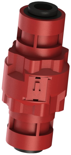 C V I S series modular check valve with push-in connections and a red glass-filled polypropylene body.