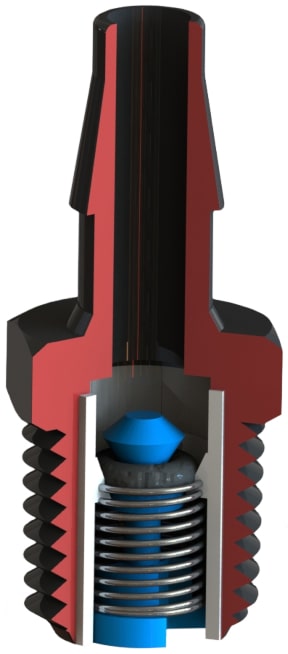 C V N M C B series nylon hose barb by N P T thread check valve adapter cross section view.