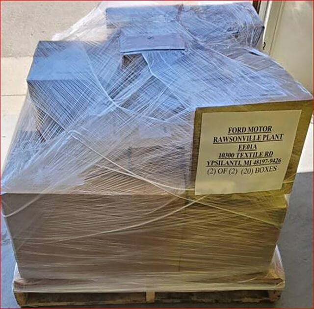 Boxes of ventilator parts packed and getting ready to ship to Ford Motor Company.