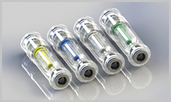 A color rendered image of four Clear-VU filters with filter elements color coded for micron ratings.