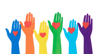 Graphic image of colorful hands and arms reaching up with a red heart on their palms.