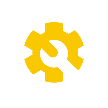 Yellow icon of a gear wheel with a wrench shape in the middle of the wheel.