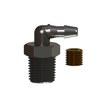 Product Components of an elbow orifice fitting with a hose barb by Male NPT thread connections