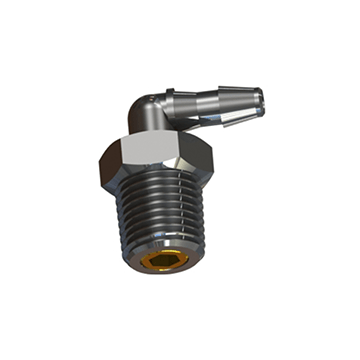 The final product of an elbow orifice fitting with a hose barb by Male NPT thread connections