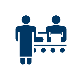 Dark blue icon of two people on either side of an assembly line.